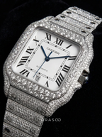 Cartier Santos Large – Steel – Custom Diamond-Set with White Roman Dial – Blue Swords