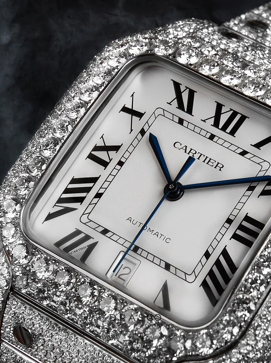Cartier Santos Large – Steel – Custom Diamond-Set with White Roman Dial – Blue Swords