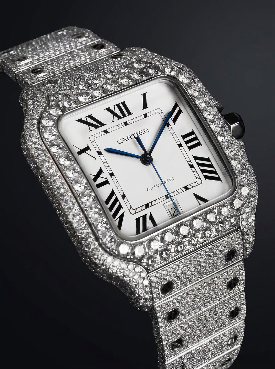 Cartier Santos Large – Steel – Custom Diamond-Set with White Roman Dial – Blue Swords