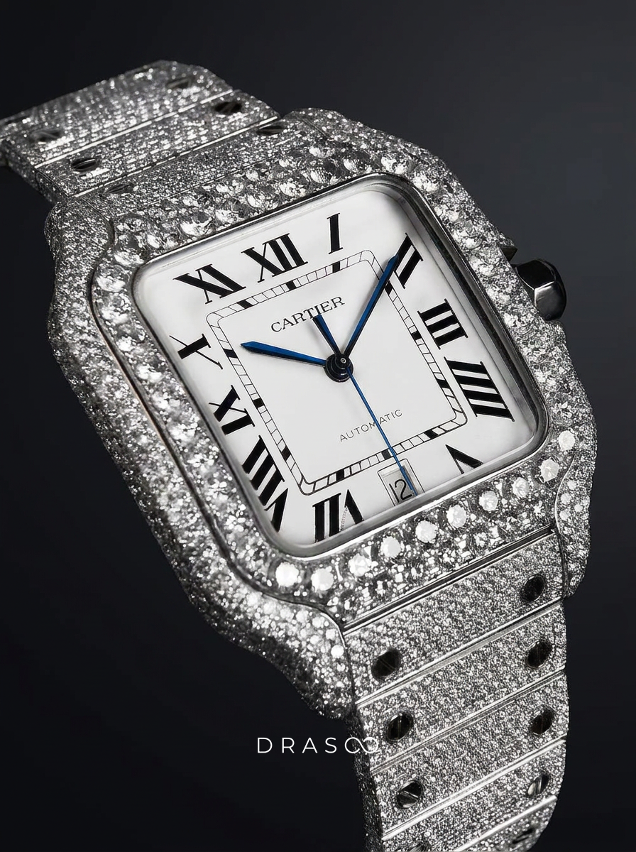 Cartier Santos Large – Steel – Custom Diamond-Set with White Roman Dial – Blue Swords
