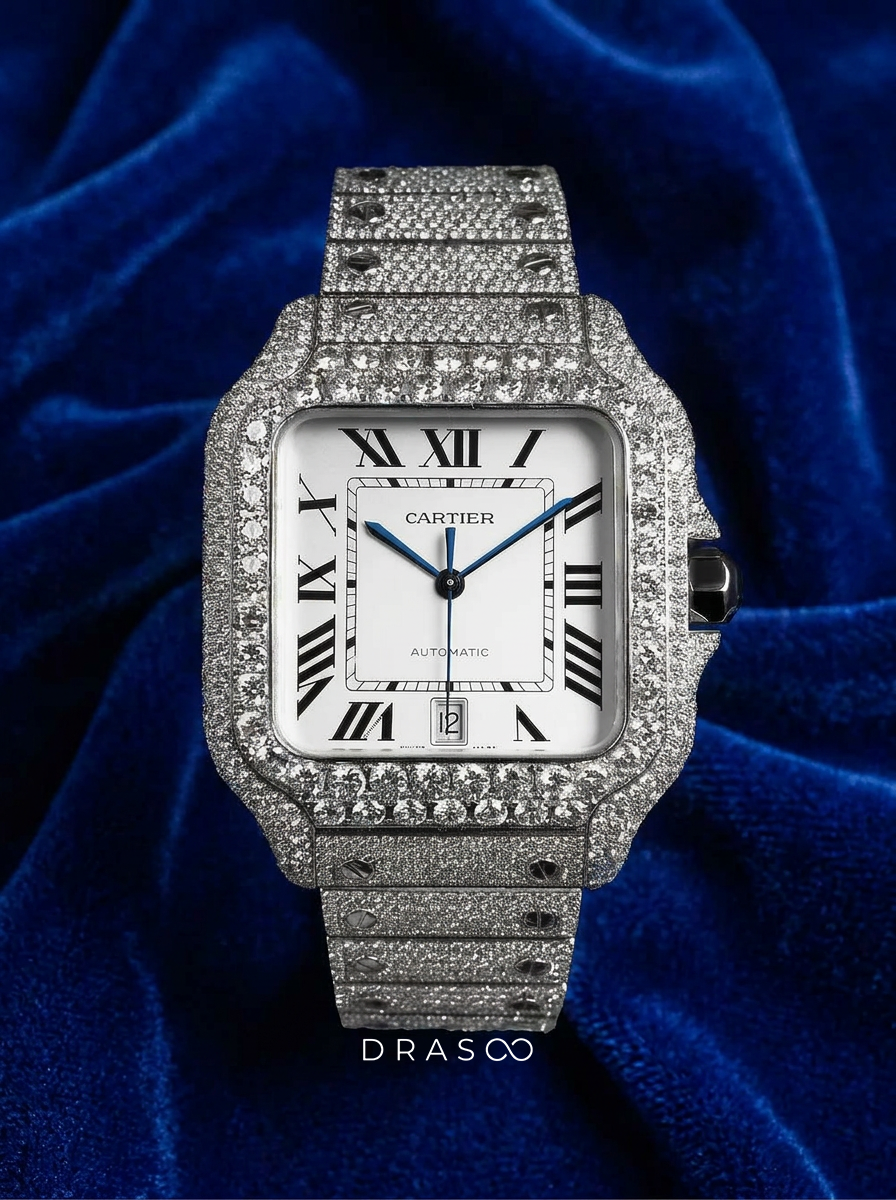 Cartier Santos Large – Steel – Custom Diamond-Set with White Roman Dial – Blue Swords