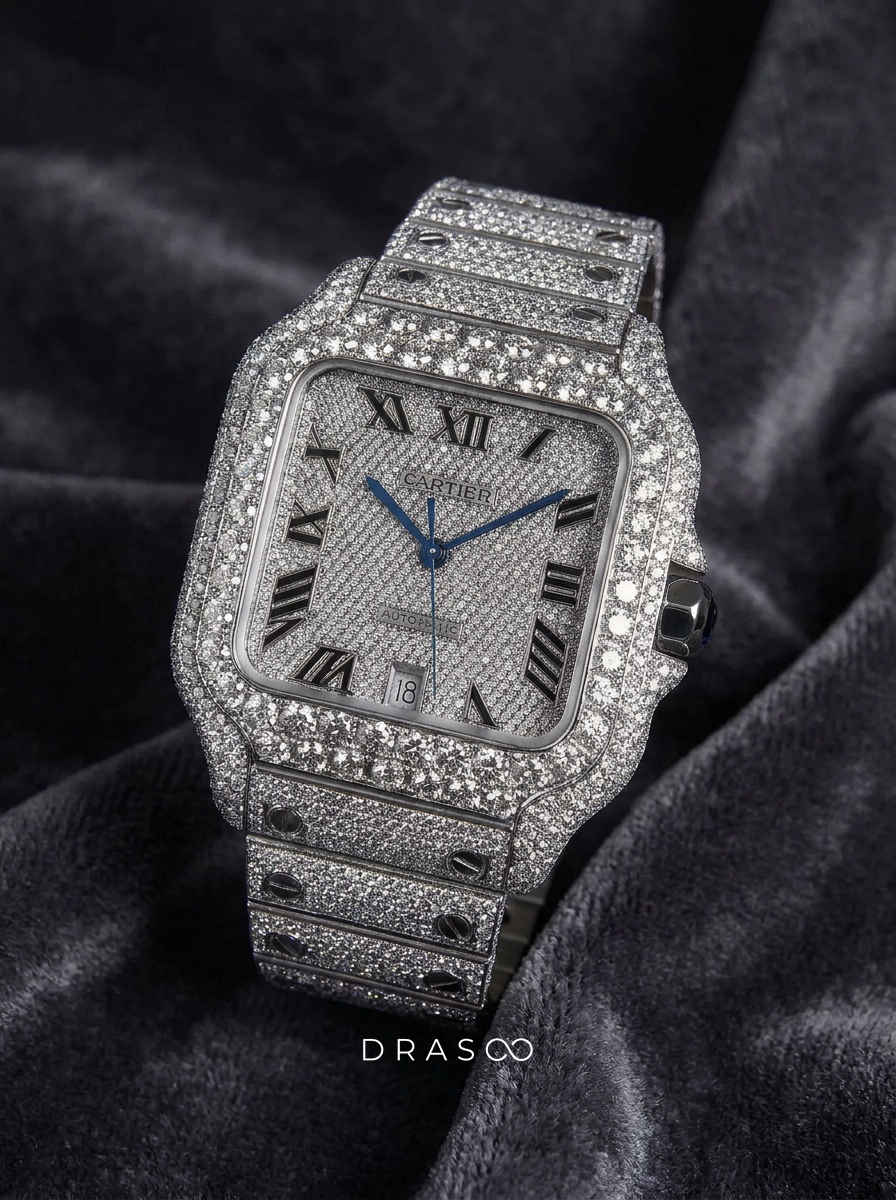 Cartier Santos Large – Steel – Fully Custom Diamond-Set with Roman Numerals & Blue Swords