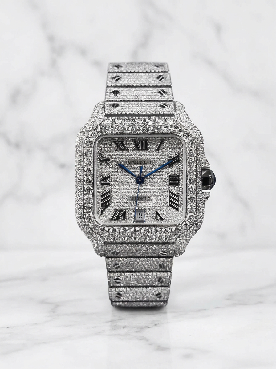 Cartier Santos Large – Steel – Fully Custom Diamond-Set with Roman Numerals & Blue Swords