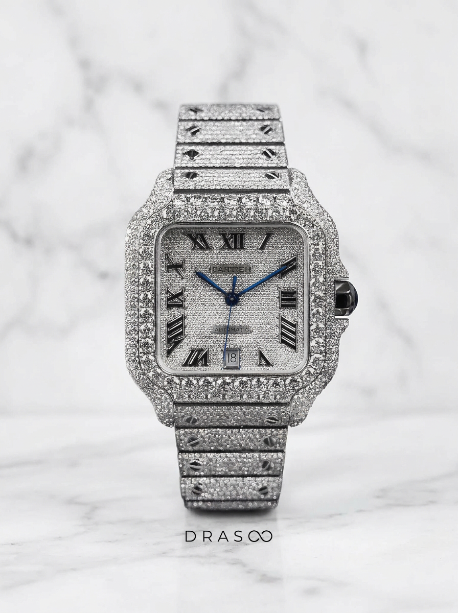 Cartier Santos Large – Steel – Fully Custom Diamond-Set with Roman Numerals & Blue Swords