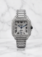 Cartier Santos Large – Steel – Fully Custom Diamond-Set with Roman Numerals & Blue Swords