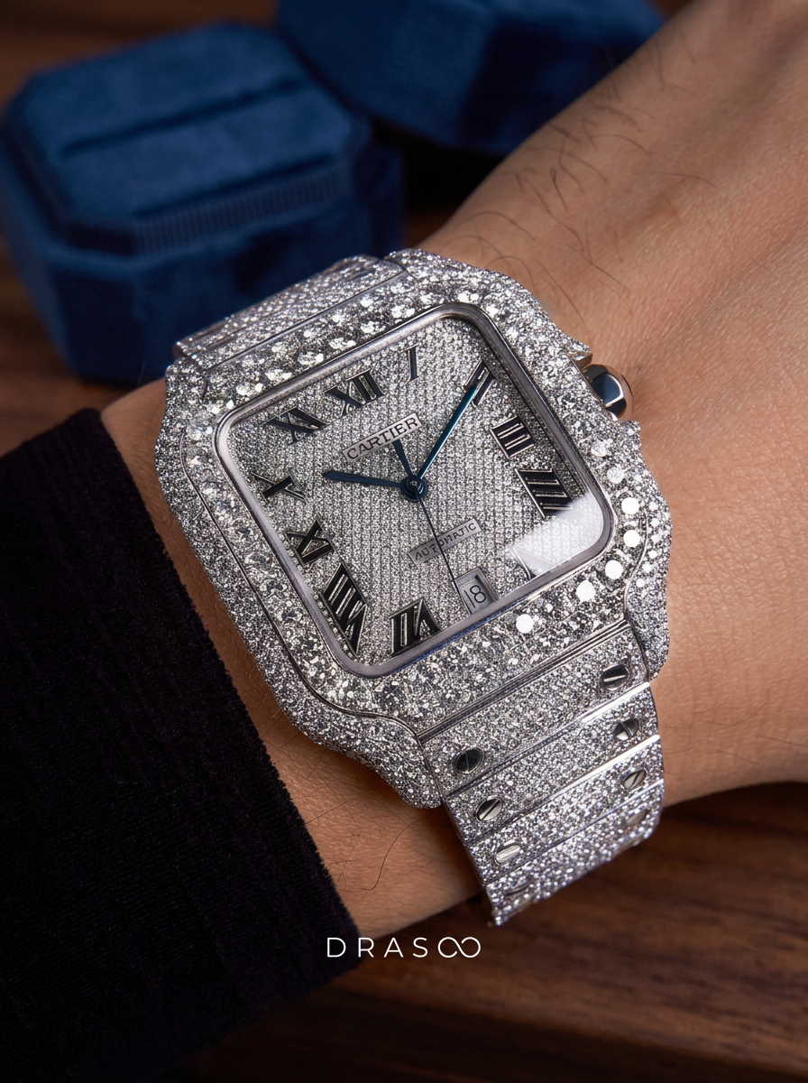 Cartier Santos Large – Steel – Fully Custom Diamond-Set with Roman Numerals & Blue Swords
