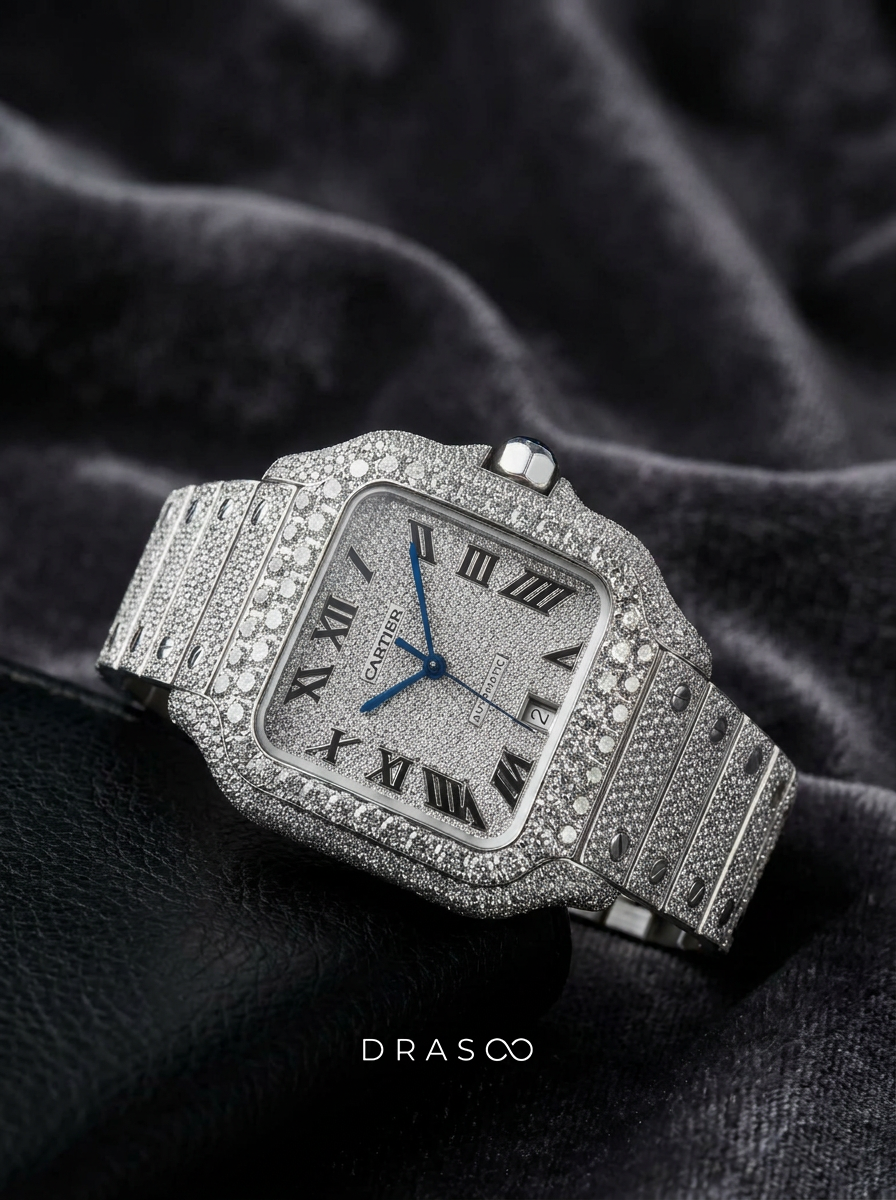 Cartier Santos Large – Steel – Fully Custom Diamond-Set with Roman Numerals & Blue Swords