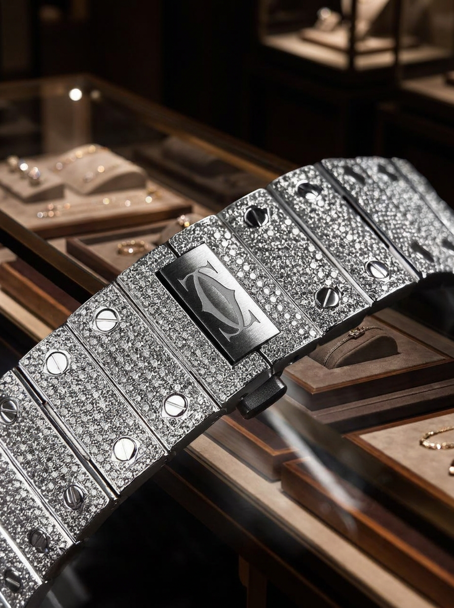 Cartier Santos Large – Steel – Fully Custom Diamond-Set with Roman Numerals & Blue Swords