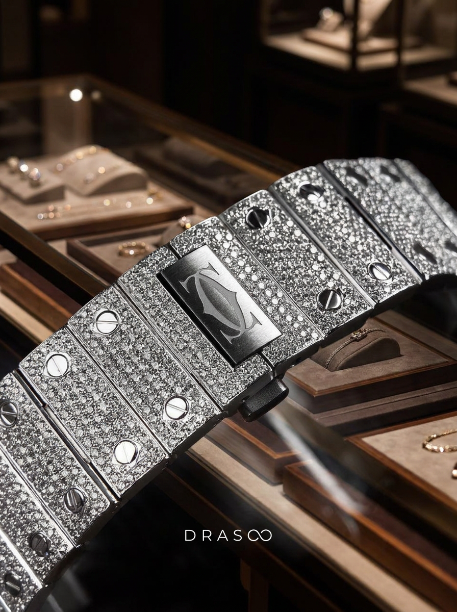 Cartier Santos Large – Steel – Fully Custom Diamond-Set with Roman Numerals & Blue Swords
