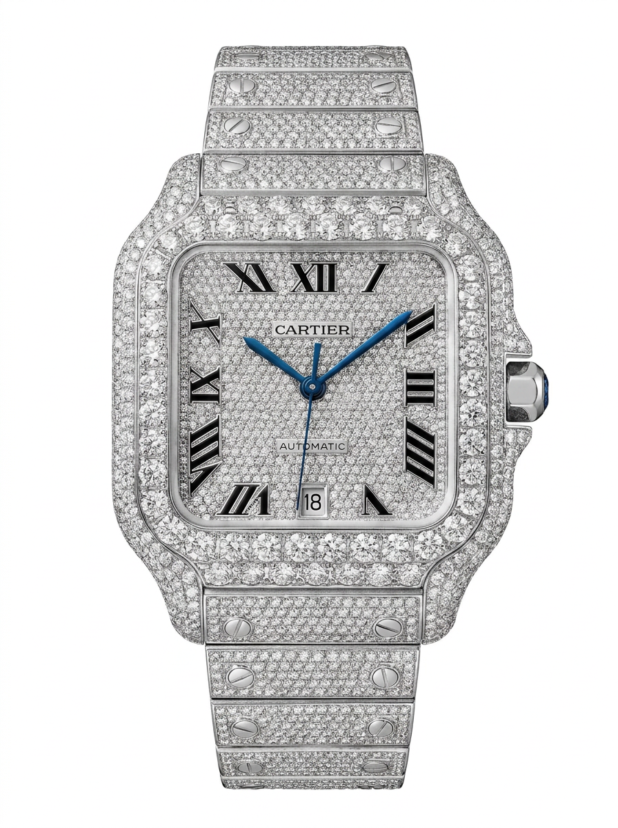 Cartier Santos Large – Steel – Fully Custom Diamond-Set with Roman Numerals & Blue Swords
