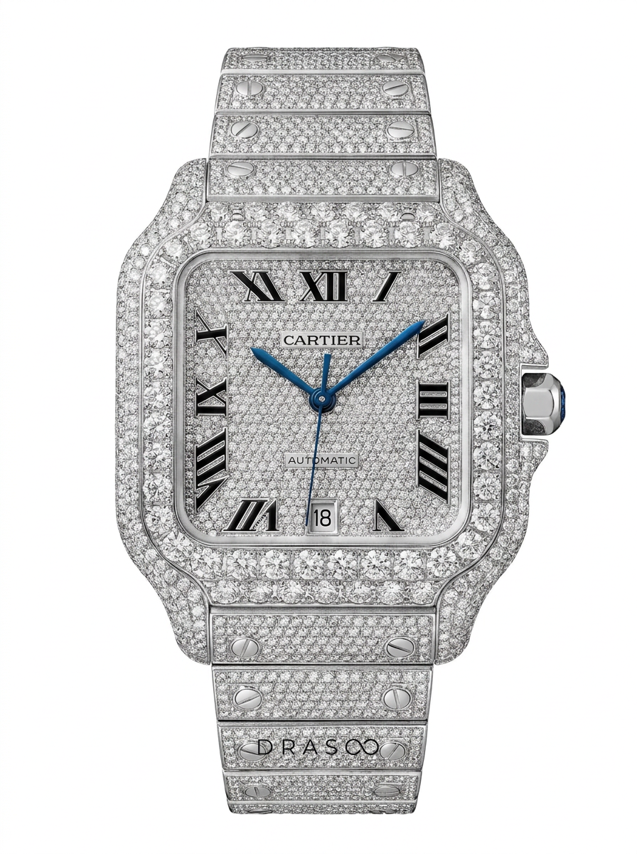 Cartier Santos Large – Steel – Fully Custom Diamond-Set with Roman Numerals & Blue Swords