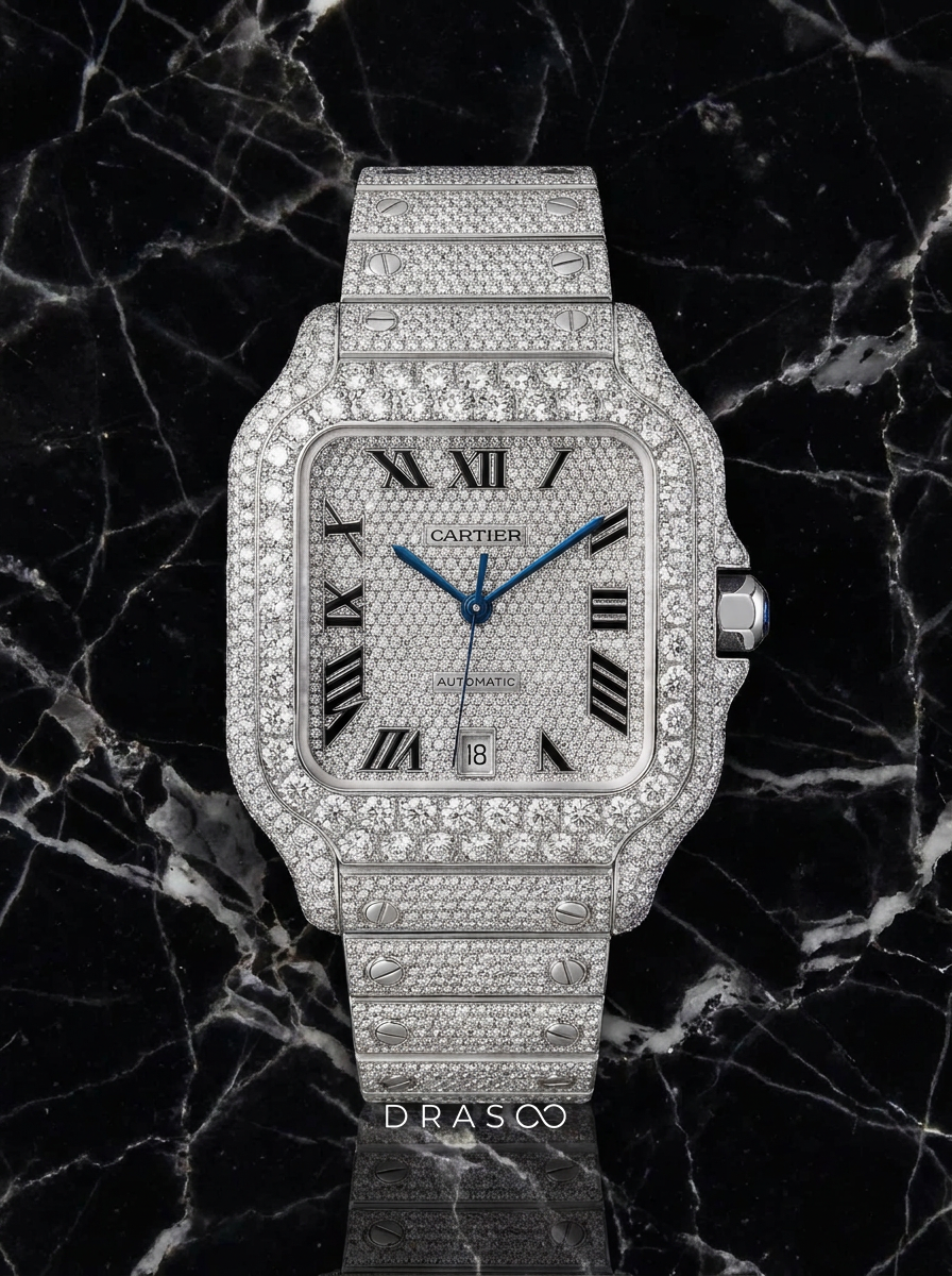 Cartier Santos Large – Steel – Fully Custom Diamond-Set with Roman Numerals & Blue Swords