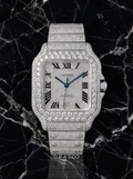 Cartier Santos Large – Steel – Fully Custom Diamond-Set with Roman Numerals & Blue Swords