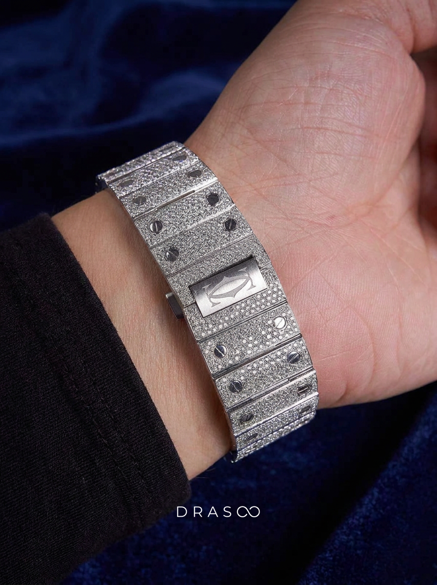 Cartier Santos Large – Steel – Fully Custom Diamond-Set with Roman Numerals & Blue Swords