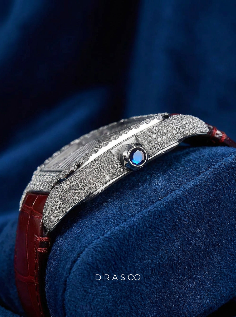 Cartier Santos Large – Steel – Custom Diamond-Set with Red Alligator Bracelet