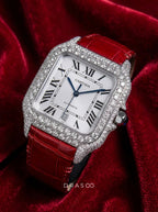 Cartier Santos Large – Steel – Custom Diamond-Set with Red Alligator Bracelet