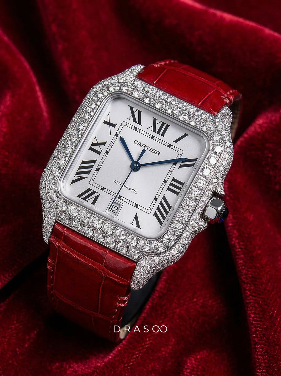 Cartier Santos Large – Steel – Custom Diamond-Set with Red Alligator Bracelet