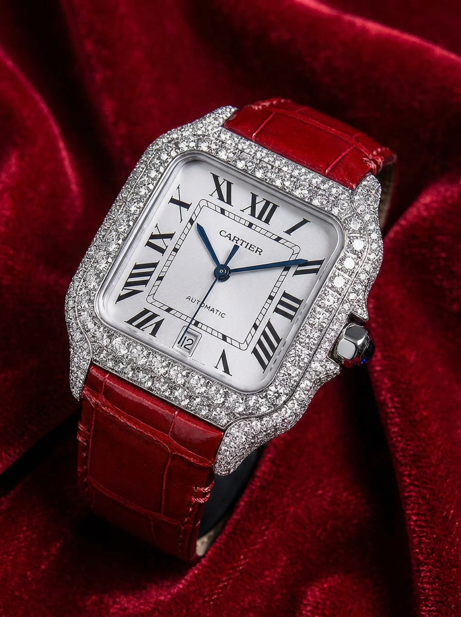 Cartier Santos Large – Steel – Custom Diamond-Set with Red Alligator Bracelet