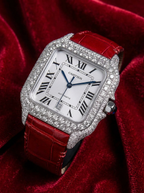 Cartier Santos Large – Steel – Custom Diamond-Set with Red Alligator Bracelet