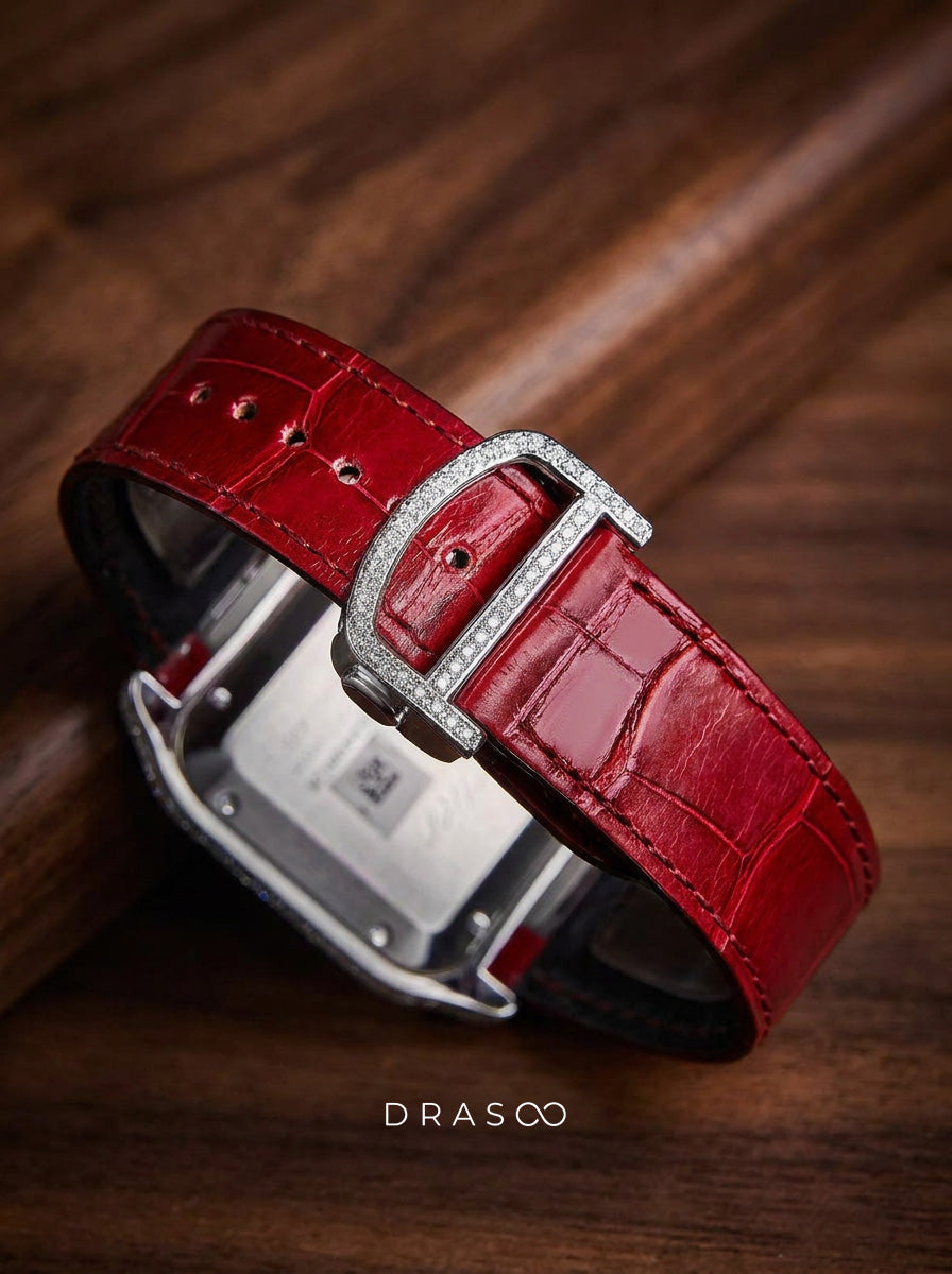 Cartier Santos Large – Steel – Custom Diamond-Set with Red Alligator Bracelet