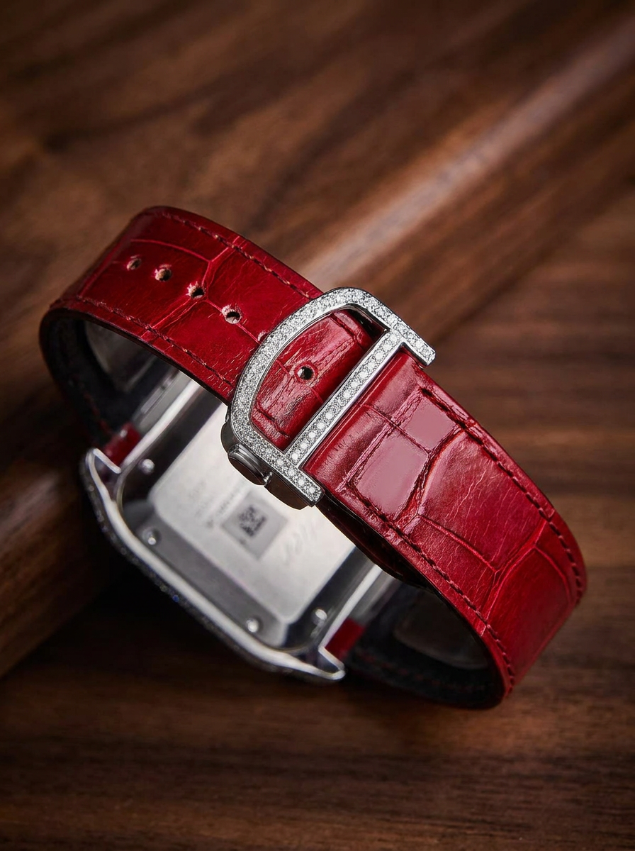 Cartier Santos Large – Steel – Custom Diamond-Set with Red Alligator Bracelet