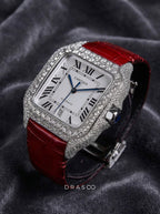 Cartier Santos Large – Steel – Custom Diamond-Set with Red Alligator Bracelet