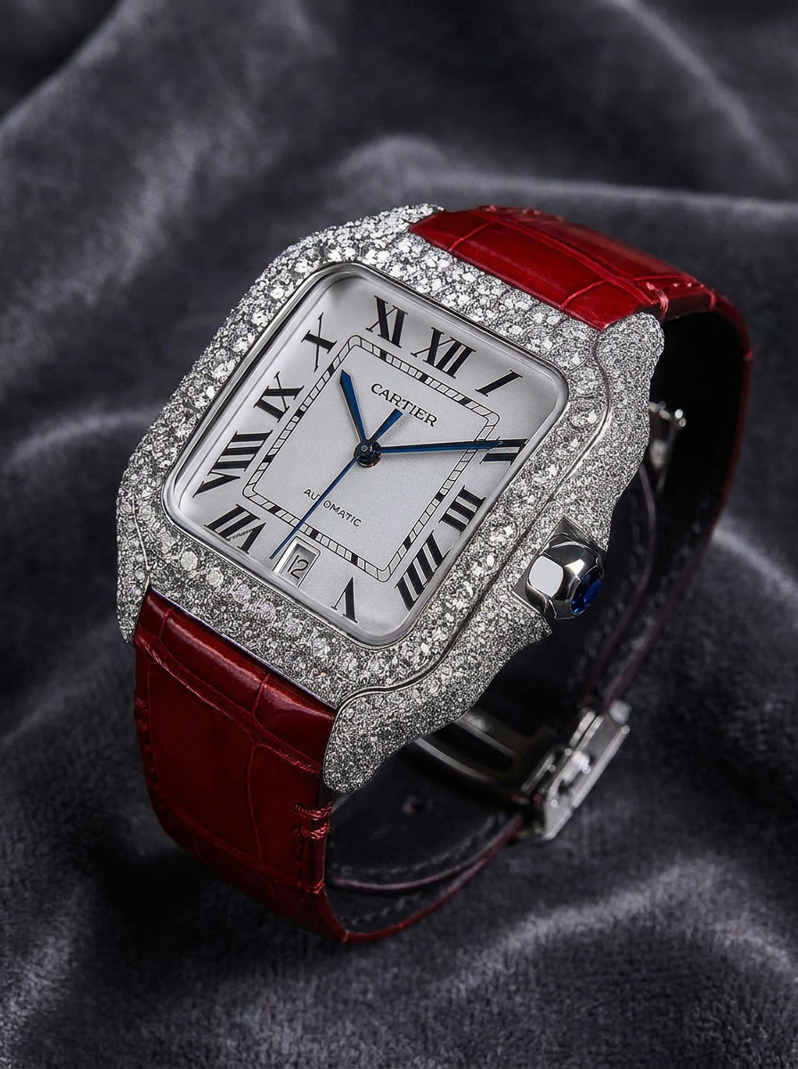Cartier Santos Large – Steel – Custom Diamond-Set with Red Alligator Bracelet