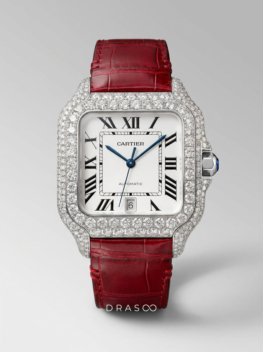 Cartier Santos Large – Steel – Custom Diamond-Set with Red Alligator Bracelet