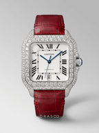 Cartier Santos Large – Steel – Custom Diamond-Set with Red Alligator Bracelet