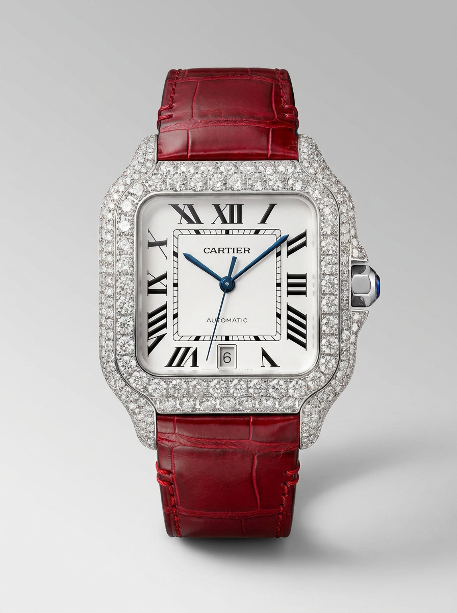 Cartier Santos Large – Steel – Custom Diamond-Set with Red Alligator Bracelet