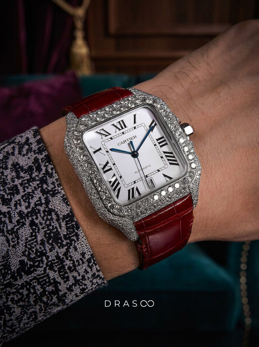 Cartier Santos Large – Steel – Custom Diamond-Set with Red Alligator Bracelet