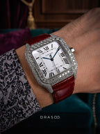 Cartier Santos Large – Steel – Custom Diamond-Set with Red Alligator Bracelet
