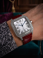 Cartier Santos Large – Steel – Custom Diamond-Set with Red Alligator Bracelet