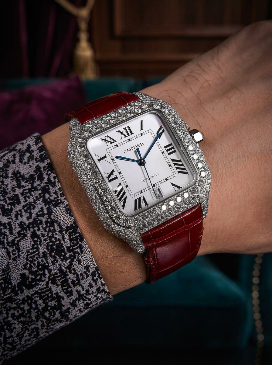 Cartier Santos Large – Steel – Custom Diamond-Set with Red Alligator Bracelet