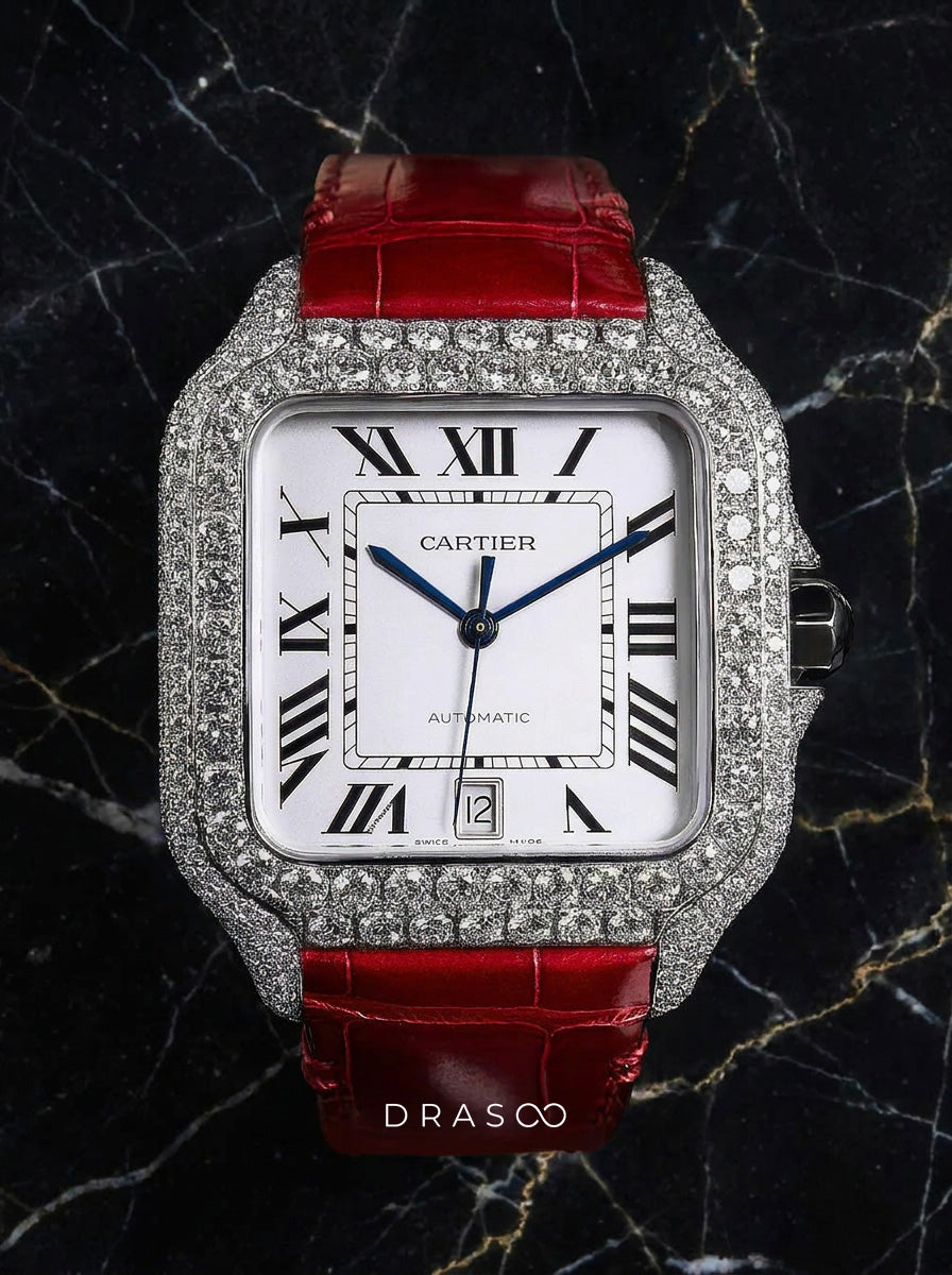 Cartier Santos Large – Steel – Custom Diamond-Set with Red Alligator Bracelet
