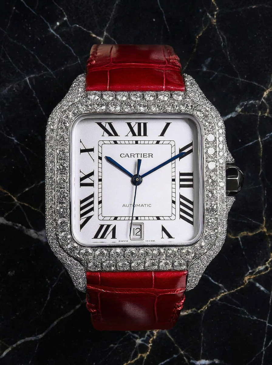 Cartier Santos Large – Steel – Custom Diamond-Set with Red Alligator Bracelet