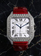 Cartier Santos Large – Steel – Custom Diamond-Set with Red Alligator Bracelet