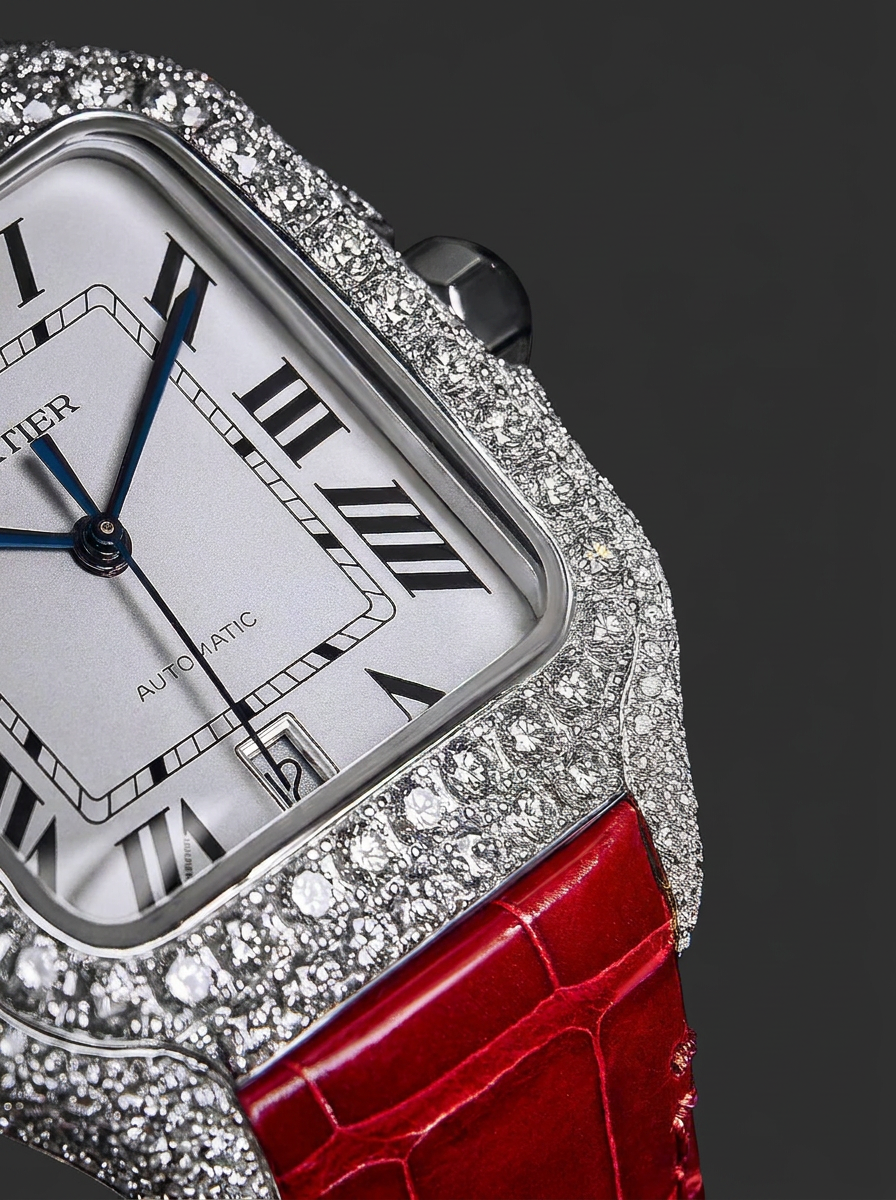 Cartier Santos Large – Steel – Custom Diamond-Set with Red Alligator Bracelet