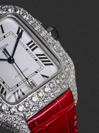 Cartier Santos Large – Steel – Custom Diamond-Set with Red Alligator Bracelet
