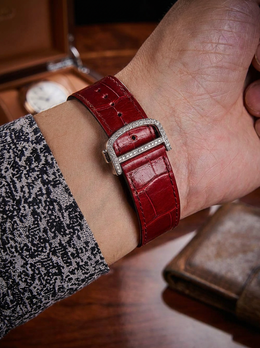 Cartier Santos Large – Steel – Custom Diamond-Set with Red Alligator Bracelet