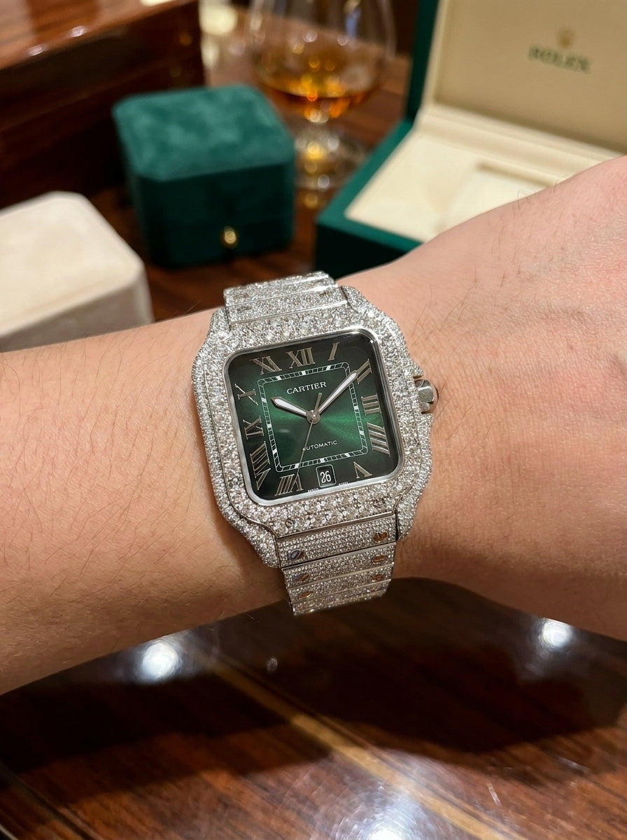 Cartier Santos Large – Steel – Custom Diamond-Set with Green Dial