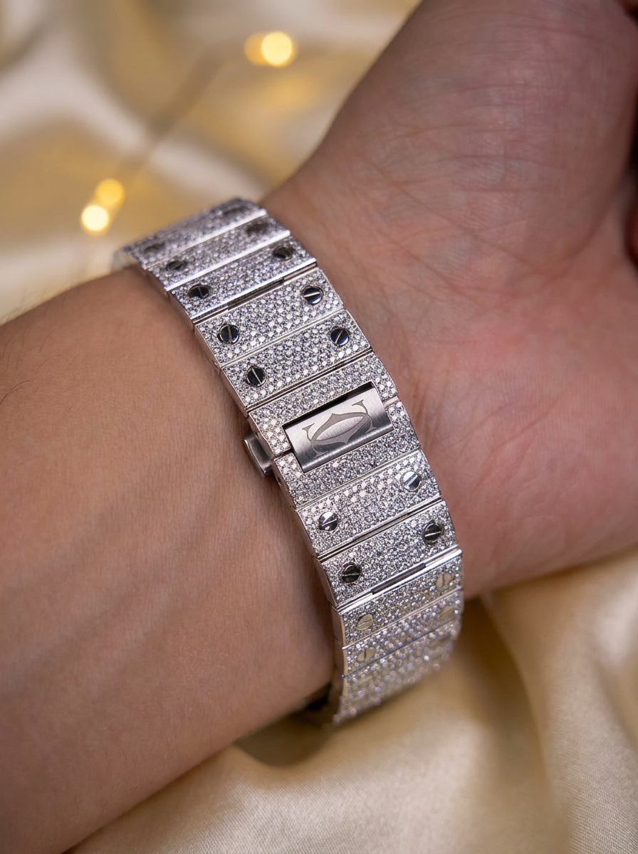 Cartier Santos Large – Steel – Custom Diamond-Set with Green Dial