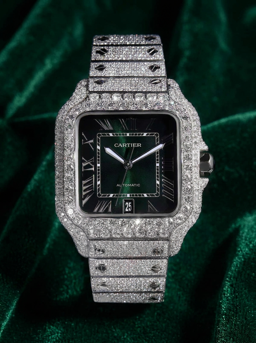 Cartier Santos Large – Steel – Custom Diamond-Set with Green Dial