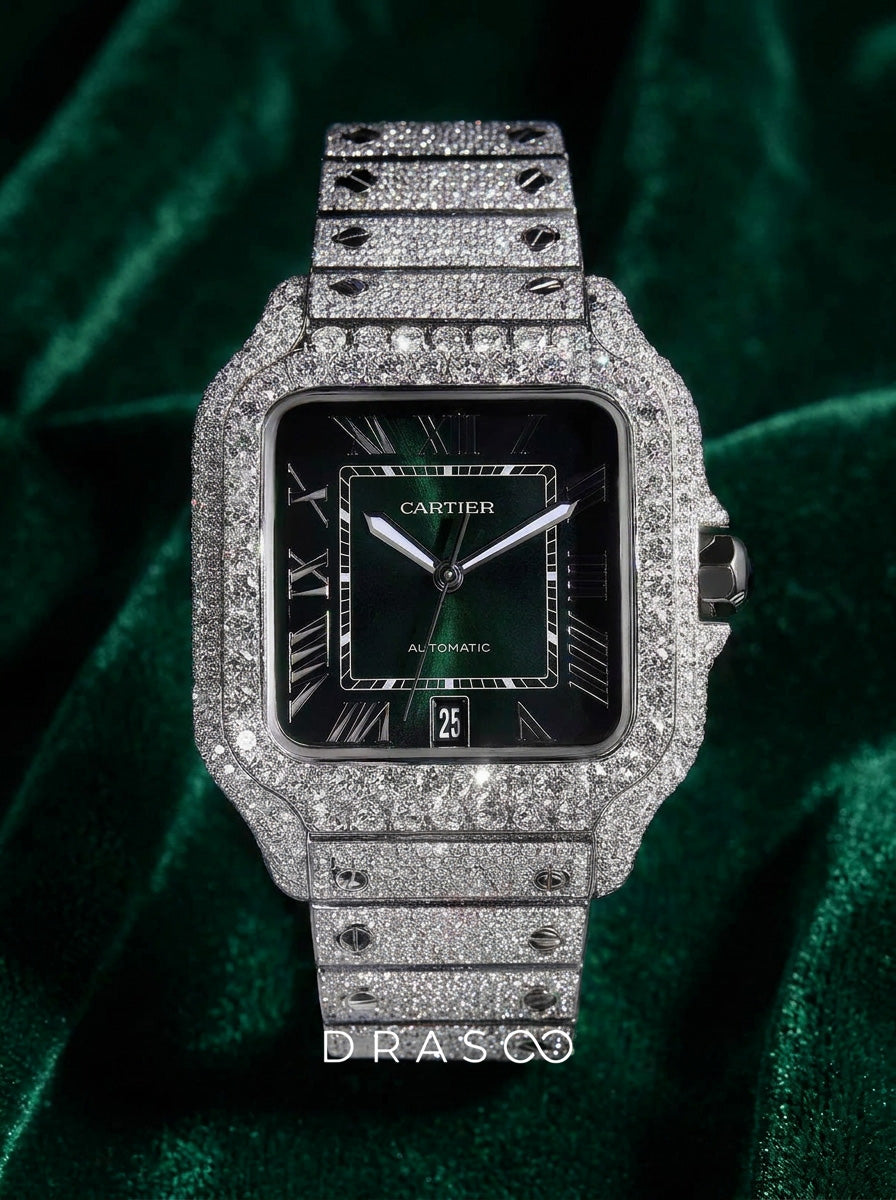 Cartier Santos Large – Steel – Custom Diamond-Set with Green Dial