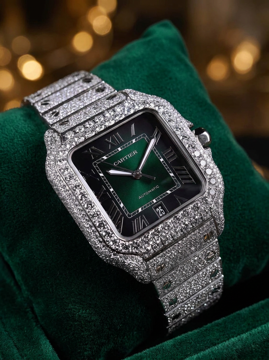 Cartier Santos Large – Steel – Custom Diamond-Set with Green Dial