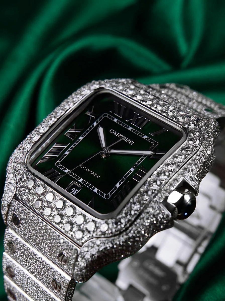 Cartier Santos Large – Steel – Custom Diamond-Set with Green Dial