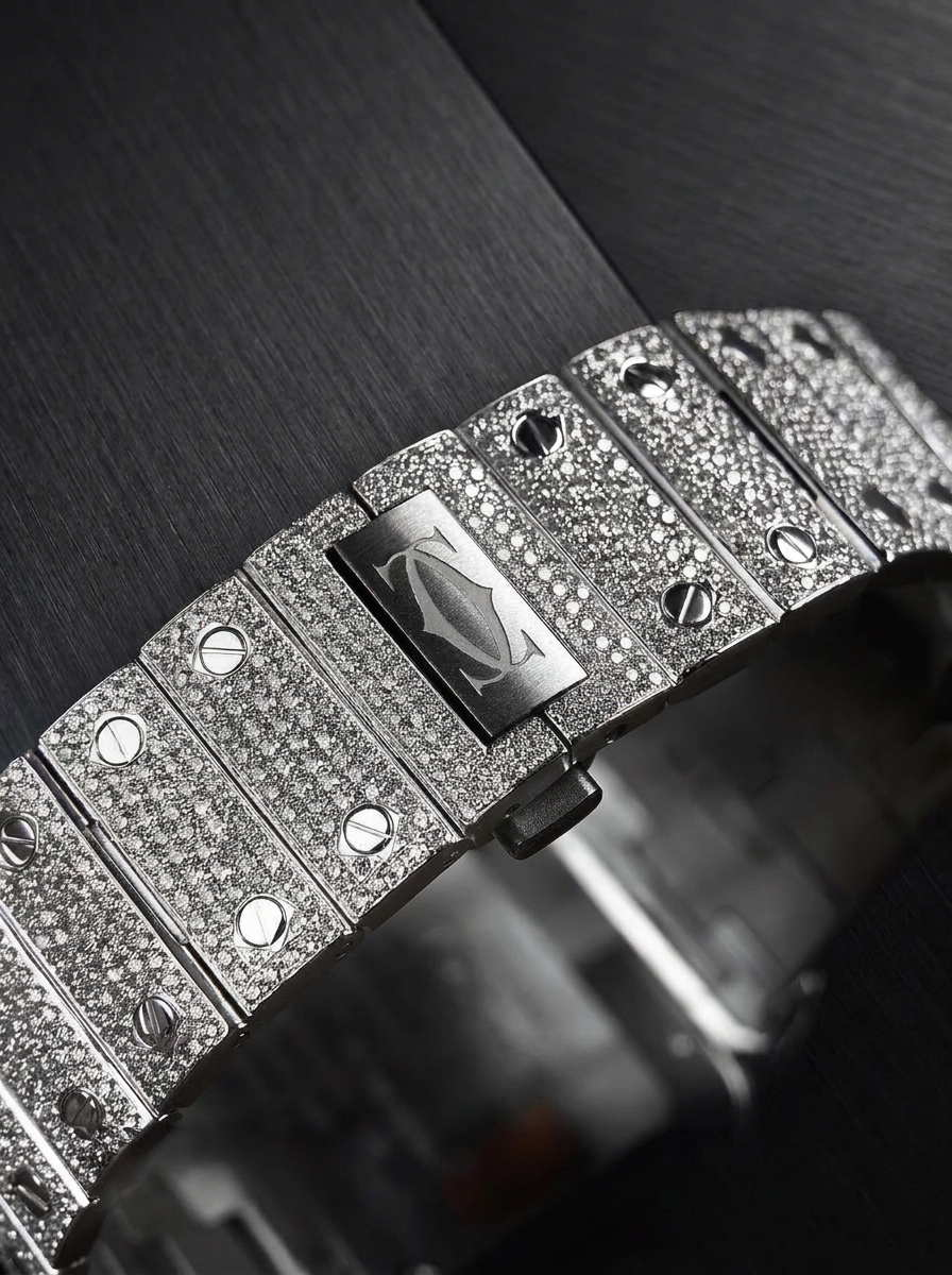 Cartier Santos Large – Fully Custom Diamond-Set with Arabic Dial – Blue Swords