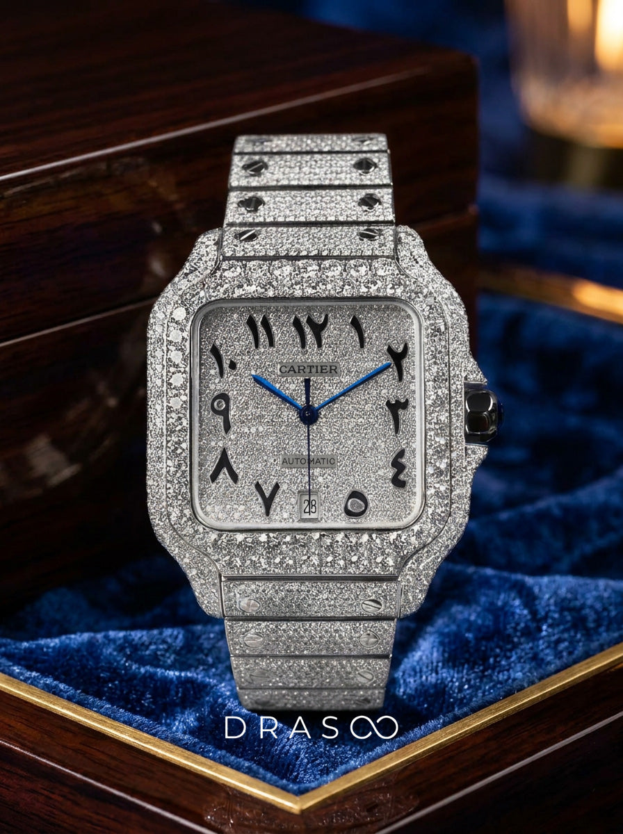 Cartier Santos Large – Fully Custom Diamond-Set with Arabic Dial – Blue Swords