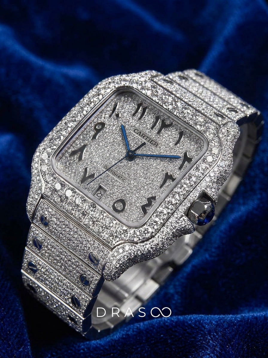 Cartier Santos Large – Fully Custom Diamond-Set with Arabic Dial – Blue Swords