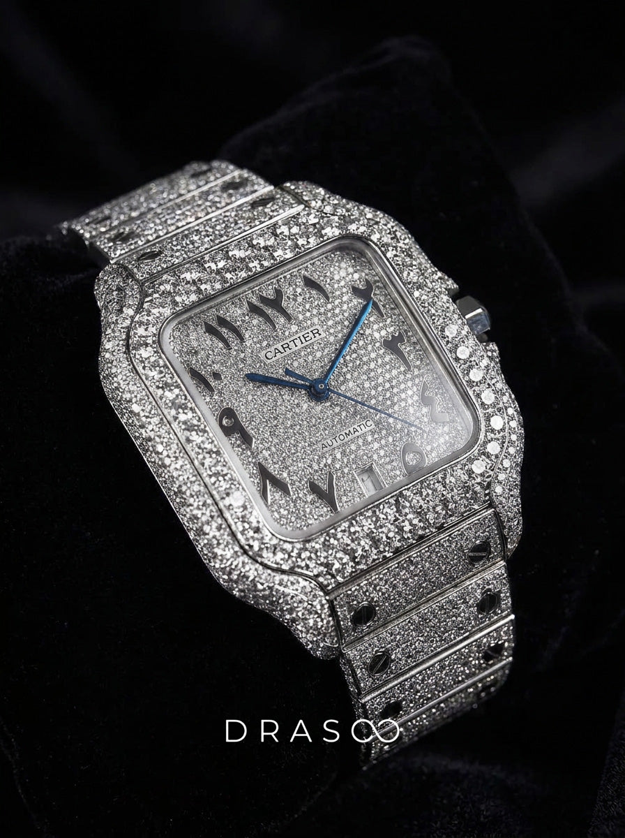 Cartier Santos Large – Fully Custom Diamond-Set with Arabic Dial – Blue Swords
